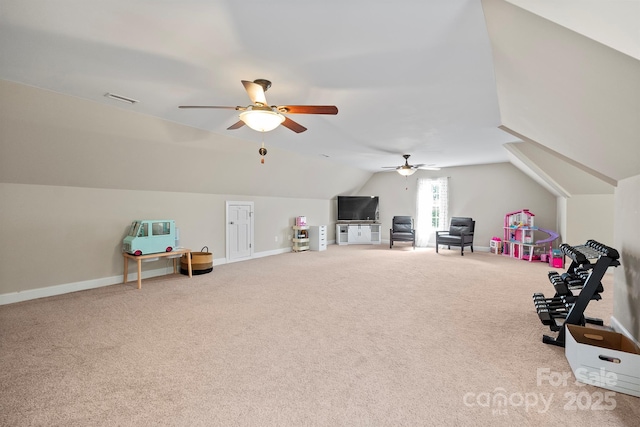 206 Taylor Cir, Granite Falls, NC 28630 - rec room featuring carpet flooring, lofted ceiling, and ceiling fan