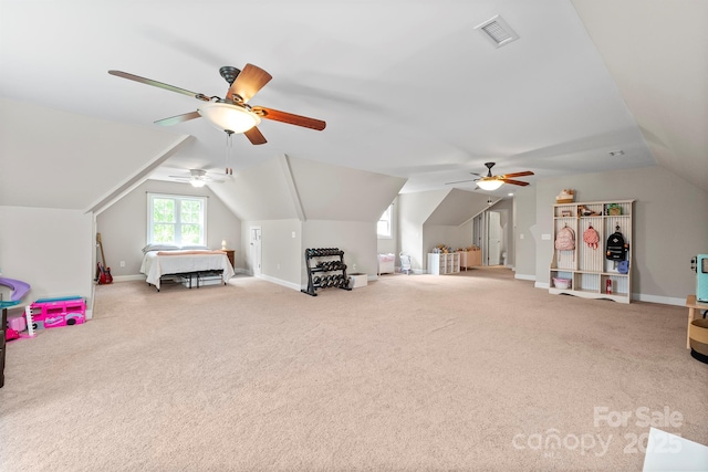 206 Taylor Cir, Granite Falls, NC 28630 - game room featuring a ceiling fan, lofted ceiling, and carpet floors