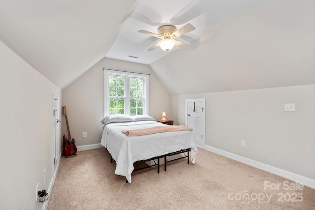 206 Taylor Cir, Granite Falls, NC 28630 - bedroom with light carpet, vaulted ceiling, and ceiling fan