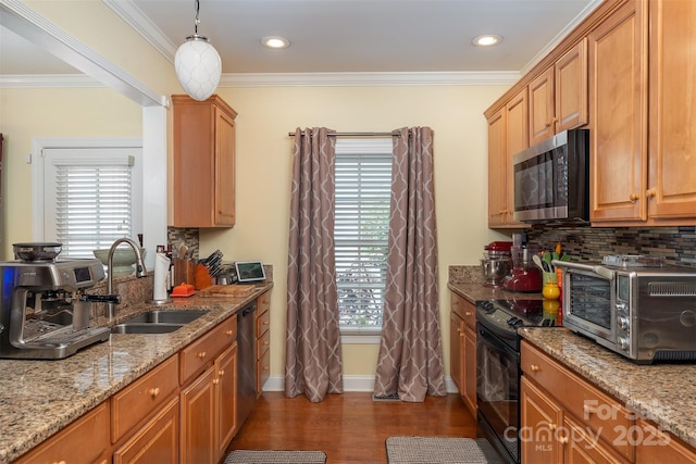115 White Ash Dr Unit E, Asheville, NC 28801 - kitchen with appliances with stainless steel finishes, decorative backsplash, dark wood-style floors, ornamental molding, and light stone counters