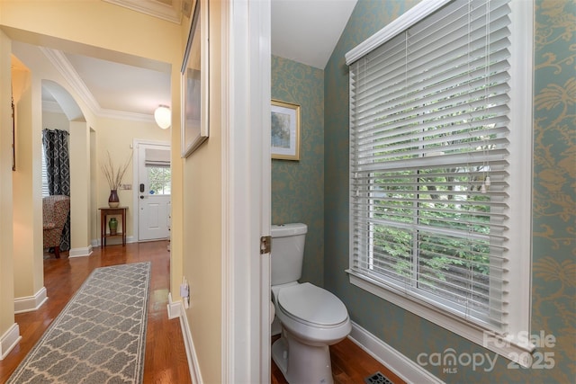 115 White Ash Dr Unit E, Asheville, NC 28801 - bathroom featuring wallpapered walls, wood finished floors, and ornamental molding