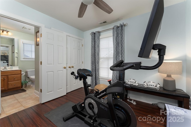 115 White Ash Dr Unit E, Asheville, NC 28801 - workout room featuring a ceiling fan and wood finished floors