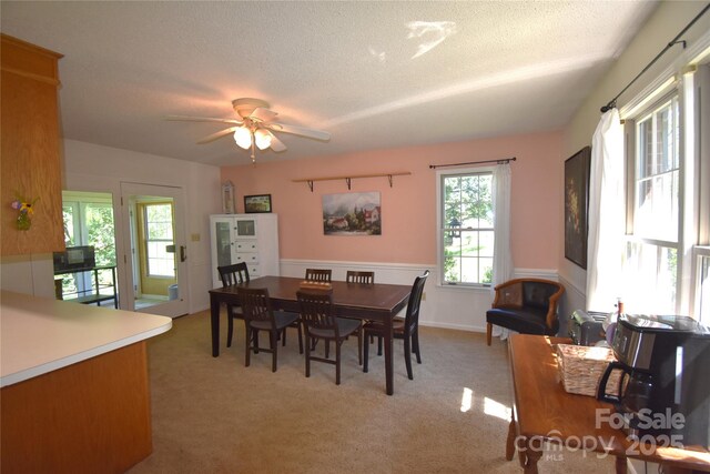 141 Azalea Dr, Connelly Springs, NC 28612 - dining space featuring plenty of natural light, light colored carpet, ceiling fan, and a textured ceiling