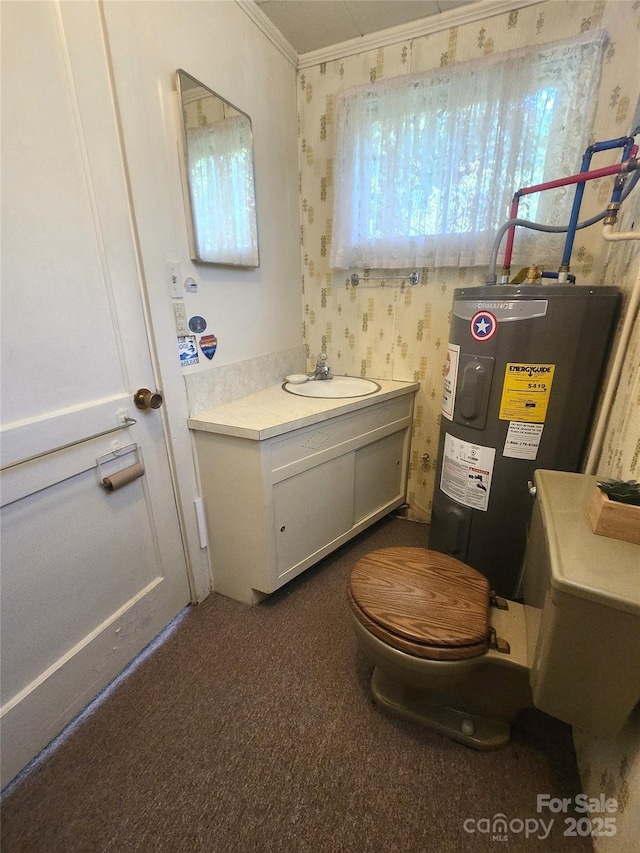 141 Azalea Dr, Connelly Springs, NC 28612 - bathroom featuring electric water heater, wallpapered walls, ornamental molding, and vanity