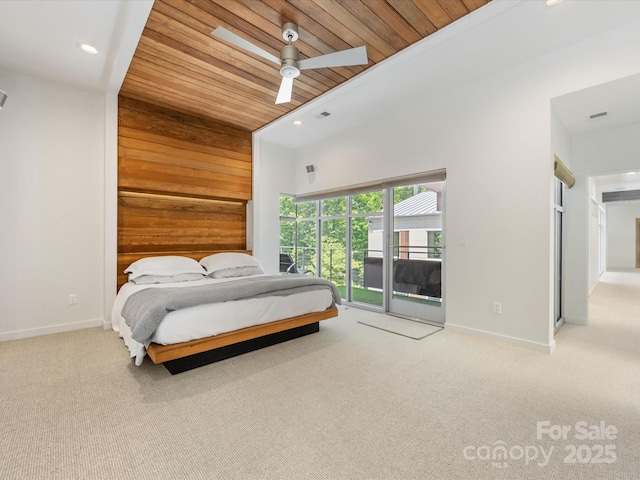 3306 Nancy Creek Rd, Charlotte, NC 28270 - bedroom with wood ceiling, access to outside, carpet floors, recessed lighting, and vaulted ceiling