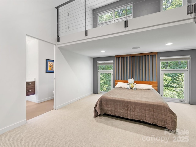 3306 Nancy Creek Rd, Charlotte, NC 28270 - bedroom with carpet flooring, a towering ceiling, multiple windows, and recessed lighting
