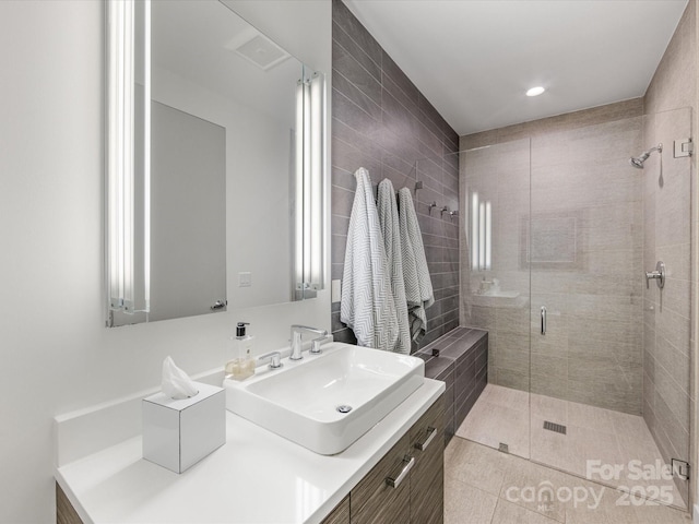 3306 Nancy Creek Rd, Charlotte, NC 28270 - full bathroom with a stall shower, vanity, tile patterned floors, and recessed lighting