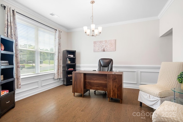 4116 Tory Path Rd, Waxhaw, NC 28173 - office featuring a chandelier, ornamental molding, wood finished floors, a wainscoted wall, and a decorative wall