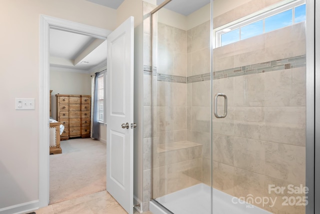 4116 Tory Path Rd, Waxhaw, NC 28173 - bathroom with healthy amount of natural light, a shower stall, and crown molding