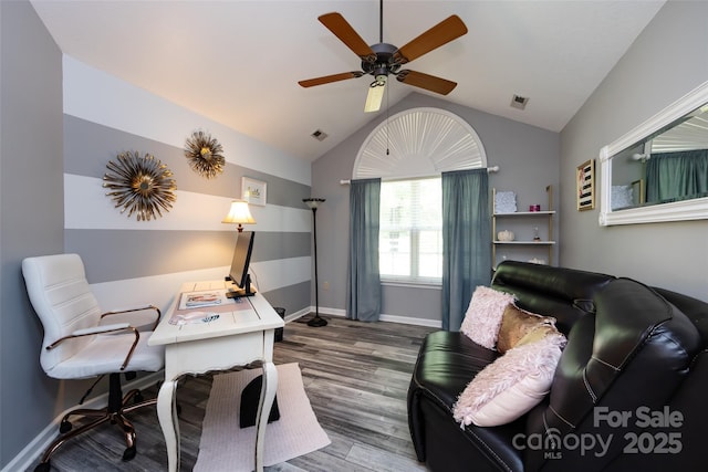 6811 Ledgestone Pl, Charlotte, NC 28227 - office space with vaulted ceiling, ceiling fan, and wood finished floors