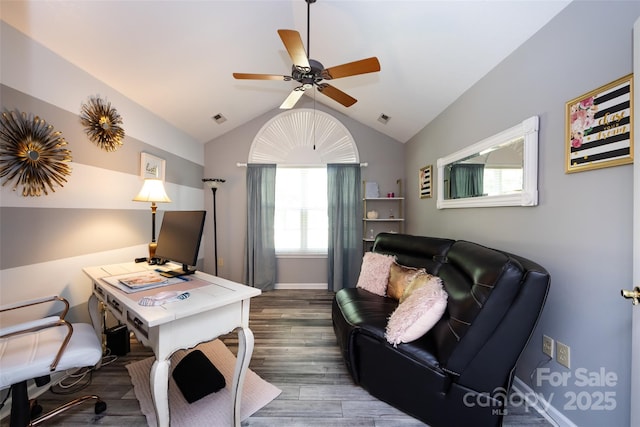 6811 Ledgestone Pl, Charlotte, NC 28227 - office area with ceiling fan, lofted ceiling, and wood finished floors