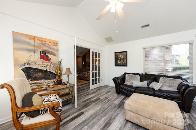 6811 Ledgestone Pl, Charlotte, NC 28227 - living room with wood finished floors, ceiling fan, french doors, and high vaulted ceiling