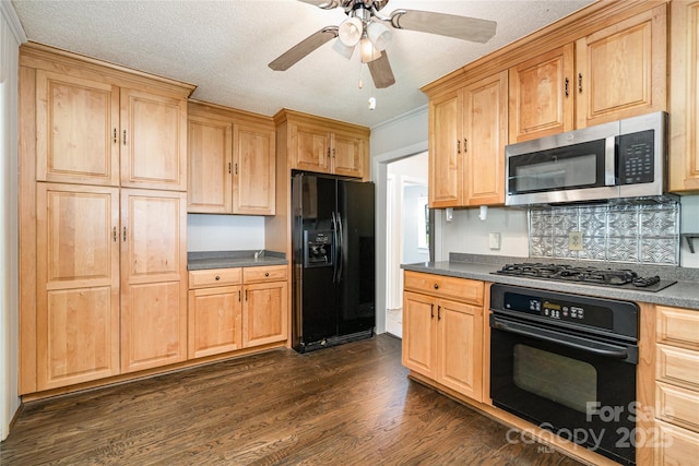 3425 Long Ferry Rd, Salisbury, NC 28146 - kitchen featuring black appliances, dark wood finished floors, dark countertops, ceiling fan, and light brown cabinetry