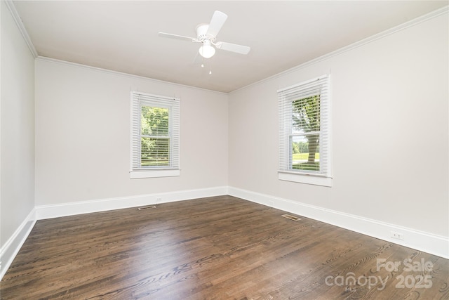3425 Long Ferry Rd, Salisbury, NC 28146 - empty room with ornamental molding, dark wood-type flooring, and a ceiling fan