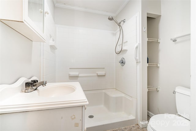 3425 Long Ferry Rd, Salisbury, NC 28146 - bathroom featuring a shower, ornamental molding, and vanity