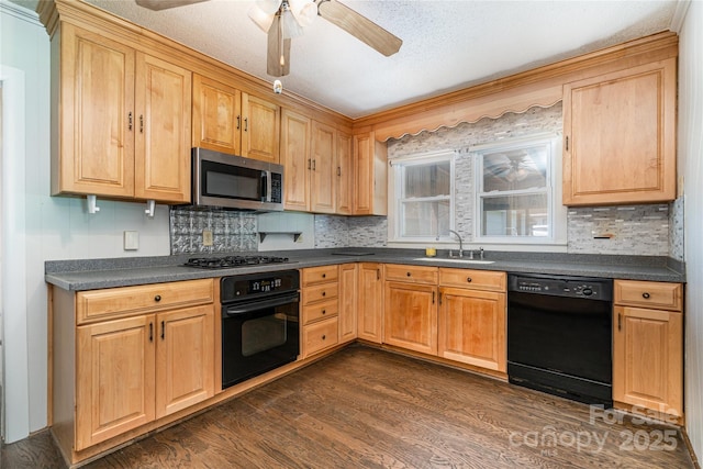 3425 Long Ferry Rd, Salisbury, NC 28146 - kitchen with black appliances, dark countertops, decorative backsplash, and dark wood-style flooring
