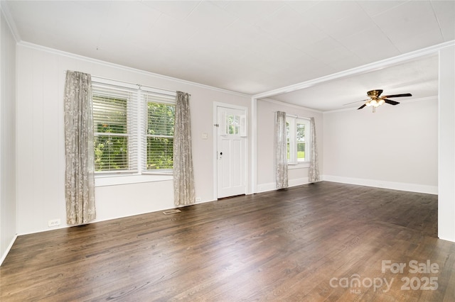 3425 Long Ferry Rd, Salisbury, NC 28146 - unfurnished living room with crown molding, wood finished floors, and ceiling fan