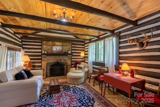 225 Wilderness Rd, Tryon, NC 28782 - living room with healthy amount of natural light, a wood ceiling with exposed beams, wood finished floors, a stone fireplace, and log walls