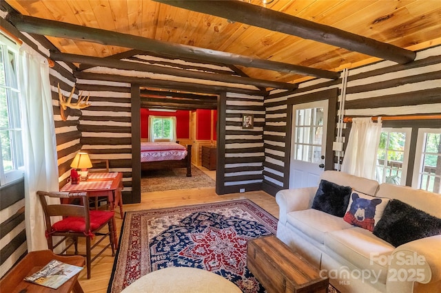 225 Wilderness Rd, Tryon, NC 28782 - living area featuring wood finished floors, a wood ceiling with exposed beams, and wood walls