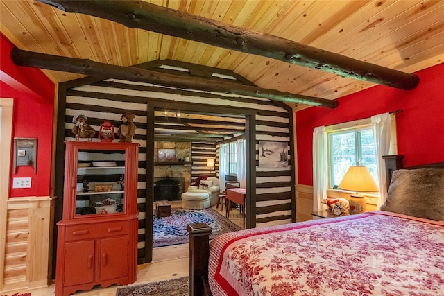 225 Wilderness Rd, Tryon, NC 28782 - bedroom featuring wood ceiling, wood finished floors, and a fireplace