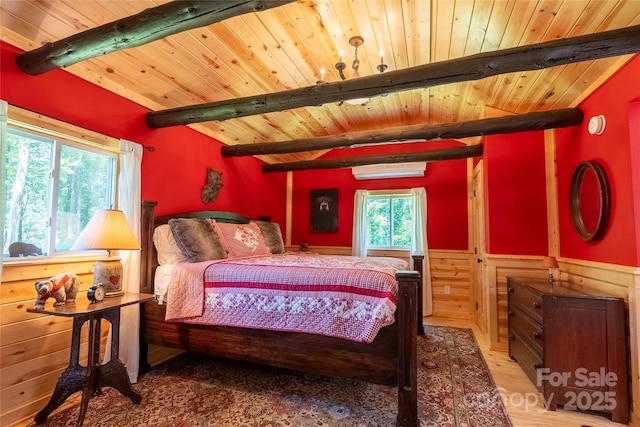 225 Wilderness Rd, Tryon, NC 28782 - bedroom featuring a wooden ceiling with exposed beams, wainscoting, a wall mounted air conditioner, and wood finished floors