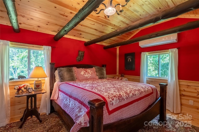 225 Wilderness Rd, Tryon, NC 28782 - bedroom featuring an AC wall unit, a wainscoted wall, wood walls, and a wood ceiling with exposed beams