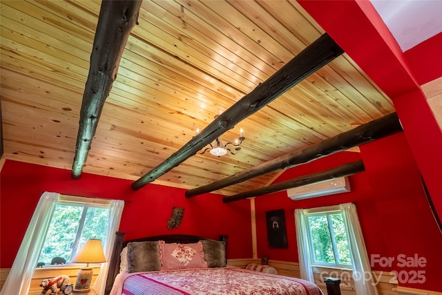 225 Wilderness Rd, Tryon, NC 28782 - bedroom with a wall mounted air conditioner and a wooden ceiling with exposed beams