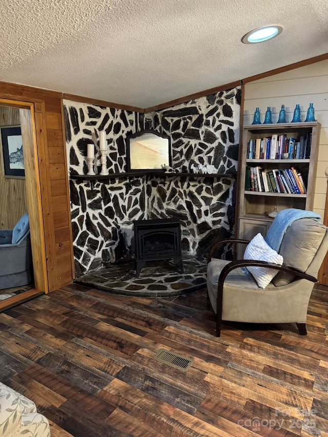 19 Timbers Edge Ln Unit 23, Fairview, NC 28730 - living area with hardwood / wood-style flooring, a textured ceiling, and wood walls