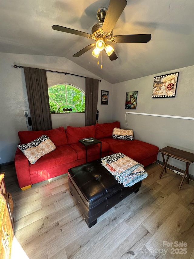 19 Timbers Edge Ln Unit 23, Fairview, NC 28730 - living room with wood finished floors, lofted ceiling, and ceiling fan