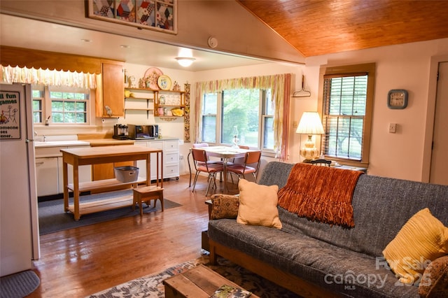 3435 Conleys Creek Rd, Whittier, NC 28789 - living room with healthy amount of natural light, lofted ceiling, wood finished floors, and wood ceiling