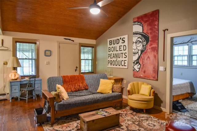 3435 Conleys Creek Rd, Whittier, NC 28789 - living room featuring wood finished floors, lofted ceiling, a ceiling fan, and wood ceiling