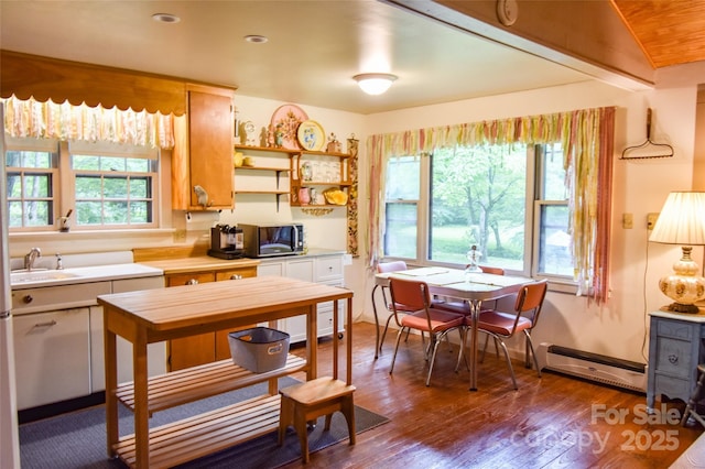 3435 Conleys Creek Rd, Whittier, NC 28789 - kitchen featuring a baseboard radiator, wood finished floors, light countertops, and open shelves