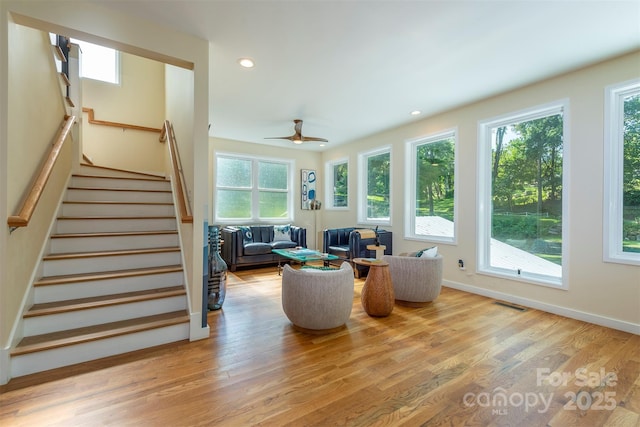 84 W St, Weaverville, NC 28787 - living area with light wood-style flooring, stairs, recessed lighting, and a ceiling fan