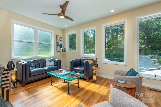 84 W St, Weaverville, NC 28787 - living area with light wood-style floors, ceiling fan, and recessed lighting