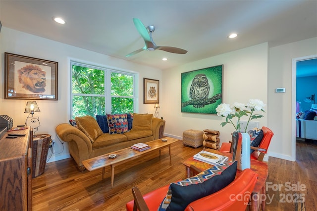84 W St, Weaverville, NC 28787 - living room with a ceiling fan, wood finished floors, and recessed lighting