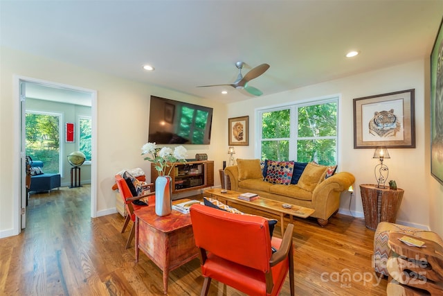 84 W St, Weaverville, NC 28787 - living area featuring plenty of natural light, wood finished floors, recessed lighting, and a ceiling fan