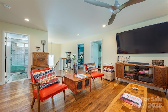 84 W St, Weaverville, NC 28787 - living room with wood finished floors, recessed lighting, and ceiling fan