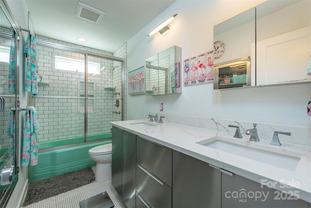 84 W St, Weaverville, NC 28787 - full bath featuring bath / shower combo with glass door, double vanity, and tile patterned flooring