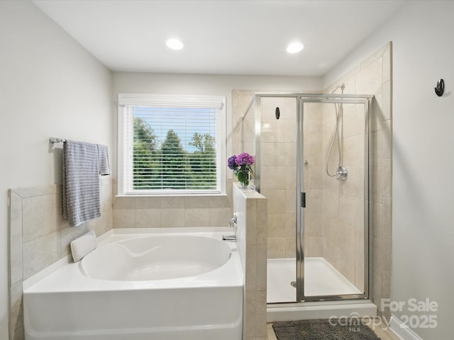 9450 Surface Hill Rd, Mint Hill, NC 28227 - full bathroom with a bath, a shower stall, and recessed lighting