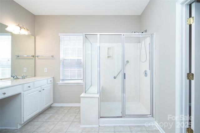 8409 Darcy Hopkins Dr, Charlotte, NC 28277 - bathroom with vanity, a shower stall, and tile patterned flooring