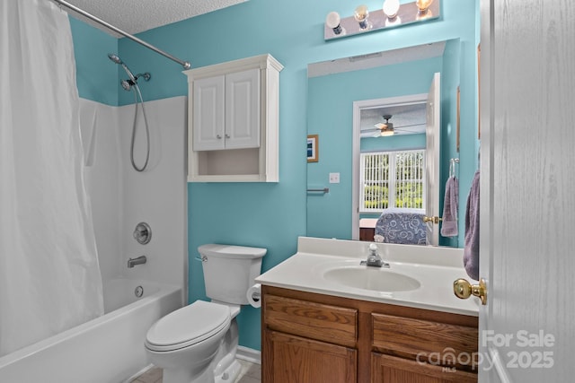 5221 Javitz Rd, Charlotte, NC 28216 - full bathroom featuring vanity, shower / tub combo with curtain, ensuite bath, a textured ceiling, and a ceiling fan