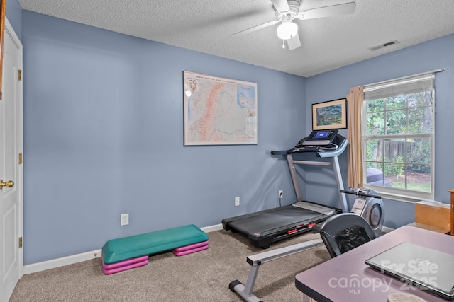 5221 Javitz Rd, Charlotte, NC 28216 - workout room featuring a textured ceiling, a ceiling fan, and carpet flooring