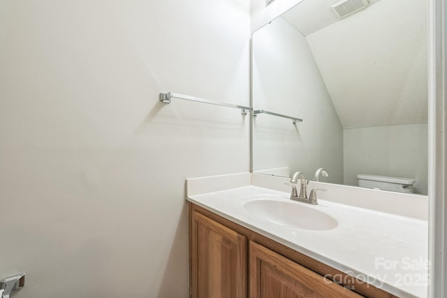 17431 Tuscany Ln, Cornelius, NC 28031 - bathroom with vaulted ceiling, vanity, and a textured ceiling