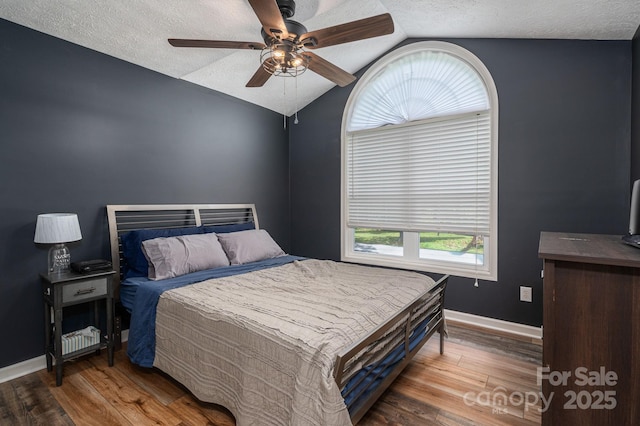 104 Nottingham Dr, Maiden, NC 28650 - bedroom with lofted ceiling, a textured ceiling, wood finished floors, and a ceiling fan