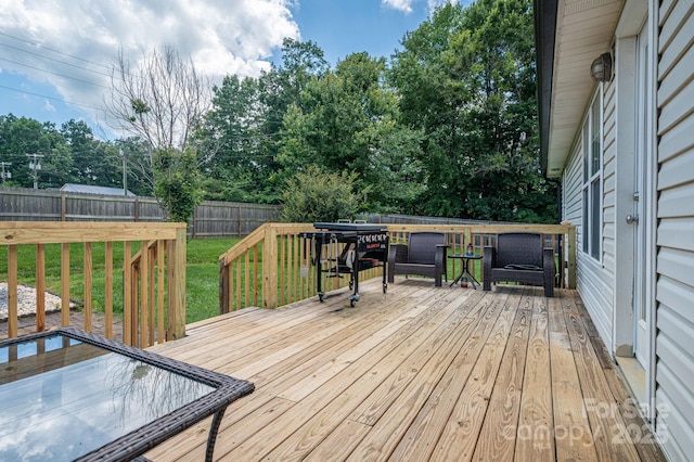 104 Nottingham Dr, Maiden, NC 28650 - wooden terrace with a fenced backyard and view of wooded area