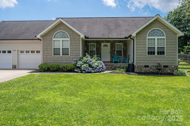 104 Nottingham Dr, Maiden, NC 28650 - ranch-style home featuring roof with shingles, covered porch, concrete driveway, a front lawn, and a garage