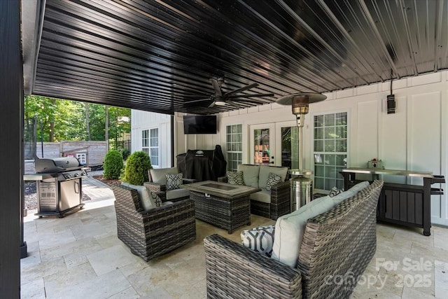 402 Wildlife Rd, Troutman, NC 28166 - view of patio featuring french doors, an outdoor living space, a ceiling fan, and area for grilling