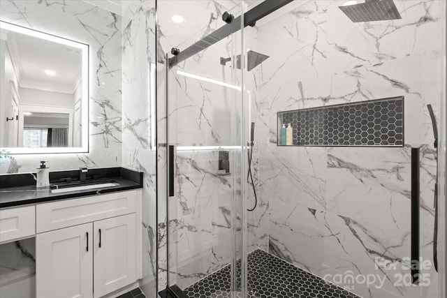 402 Wildlife Rd, Troutman, NC 28166 - full bath with a marble finish shower, vanity, ornamental molding, and recessed lighting
