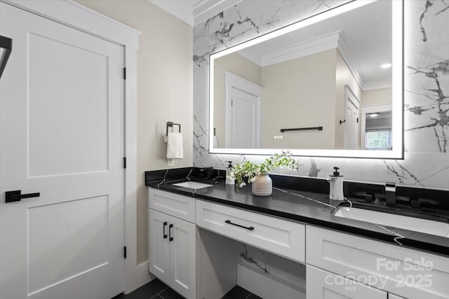 402 Wildlife Rd, Troutman, NC 28166 - bathroom with crown molding and double vanity