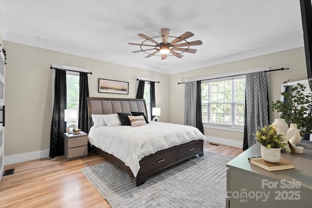 402 Wildlife Rd, Troutman, NC 28166 - bedroom with ornamental molding, light wood-type flooring, and ceiling fan
